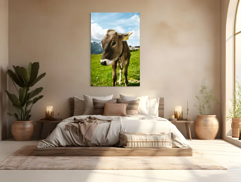 Tablou Canvas, "Vițelul din munții înverziți", Vacă, Verdeață, Munți, Cer, Nori, 100 x 150 cm – poza 3