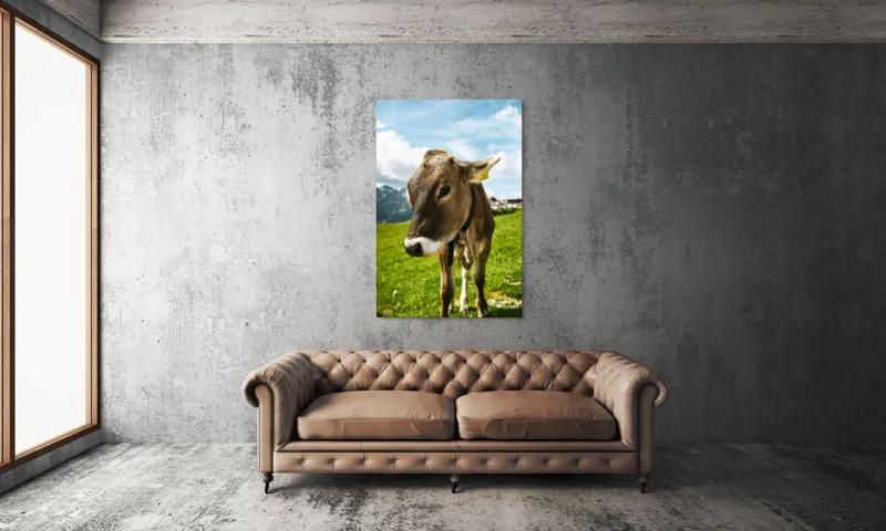 Tablou Canvas, "Vițelul din munții înverziți", Vacă, Verdeață, Munți, Cer, Nori, 100 x 150 cm – poza 6