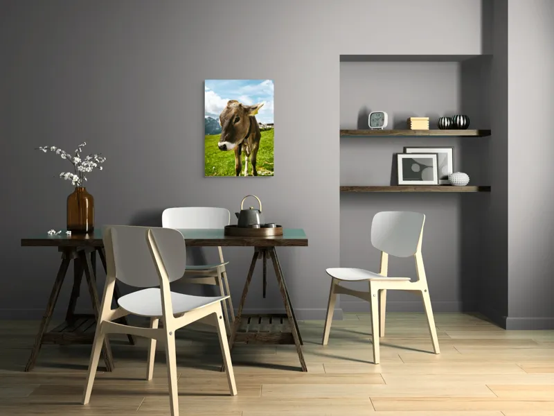 Tablou Canvas, "Vițelul din munții înverziți", Vacă, Verdeață, Munți, Cer, Nori, 50 x 70 cm – poza 5