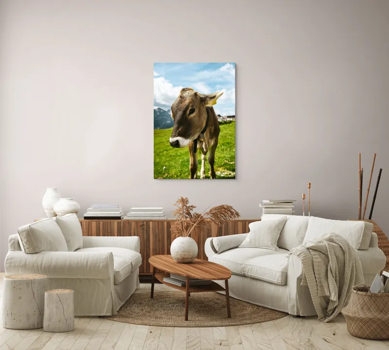 Tablou Canvas, "Vițelul din munții înverziți", Vacă, Verdeață, Munți, Cer, Nori, 70 x 100 cm – poza 4