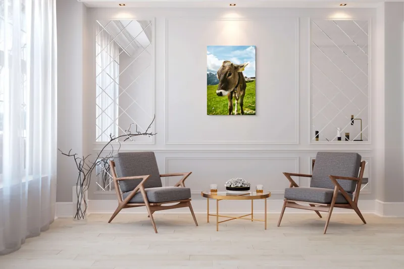 Tablou Canvas, "Vițelul din munții înverziți", Vacă, Verdeață, Munți, Cer, Nori, 70 x 100 cm – poza 8