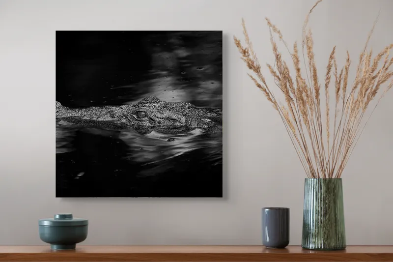 Tablou Canvas, "Crocodilul tăcut în întuneric profund", Crocodil, Apă, Reflecții, Umbre, Mister, Natură, Noapte, Prădător., 50 x 50 cm – poza 4
