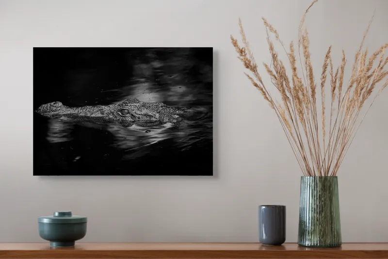 Tablou Canvas, "Crocodilul tăcut în întuneric profund", Crocodil, Apă, Reflecții, Umbre, Mister, Natură, Noapte, Prădător., 54 x 39 cm – poza 4