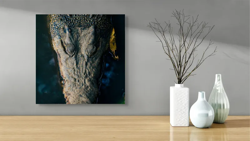 Tablou Canvas, "Tăcutul prădător din apă adâncă", Crocodil, Apă, Textură, Ochii, Culoare, Natură, Obiectiv, Detaliu, Sălbatic, Feeric, 50 x 50 cm – poza 3