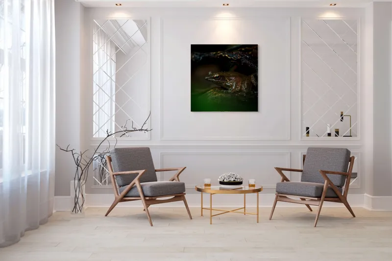 Tablou Canvas, "Broasca meditând sub cerul nopții", Broască, Ochi, Apă, Piatra, Verde, Natură, Lumină, Umbre, 100 x 100 cm – poza 7