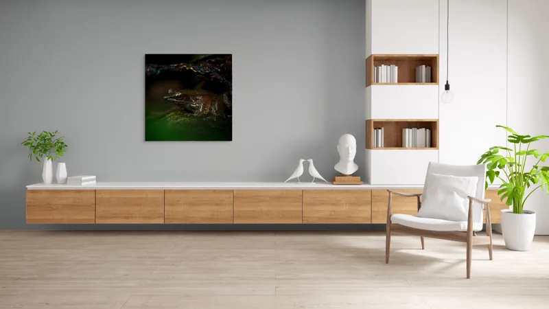 Tablou Canvas, "Broasca meditând sub cerul nopții", Broască, Ochi, Apă, Piatra, Verde, Natură, Lumină, Umbre, 100 x 100 cm – poza 8