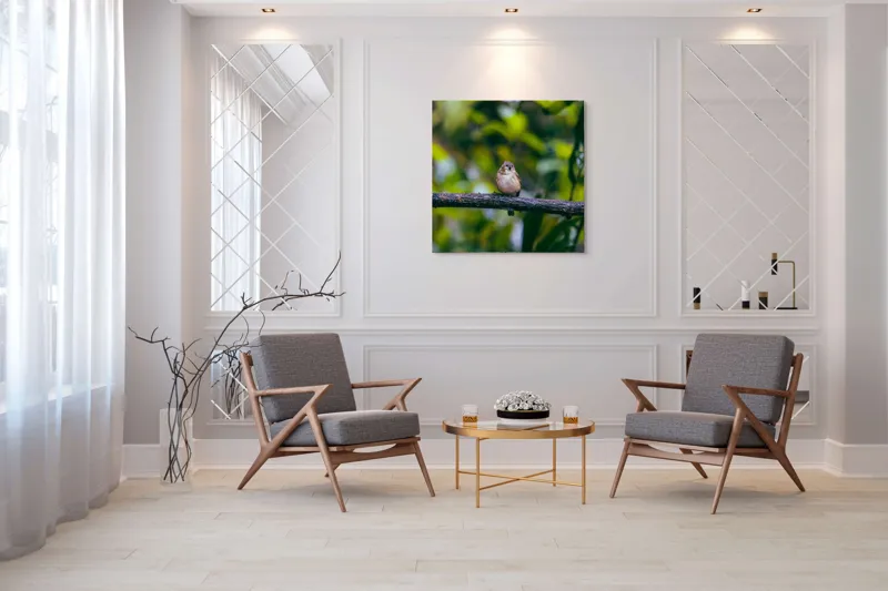Tablou Canvas, "Pasărea visătoare pe creangă verde", Pasăre, Ramură, Frunze, Verdeață, Lumină, Claritate, Natură, Voinicie, 100 x 100 cm – poza 7