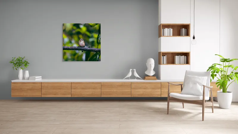 Tablou Canvas, "Pasărea visătoare pe creangă verde", Pasăre, Ramură, Frunze, Verdeață, Lumină, Claritate, Natură, Voinicie, 100 x 100 cm – poza 8