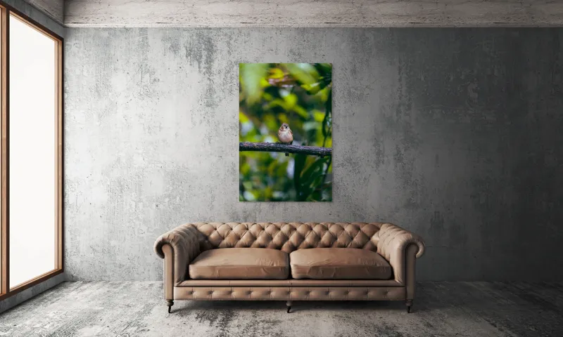 Tablou Canvas, "Pasărea visătoare pe creangă verde", Pasăre, Ramură, Frunze, Verdeață, Lumină, Claritate, Natură, Voinicie, 100 x 150 cm – poza 6