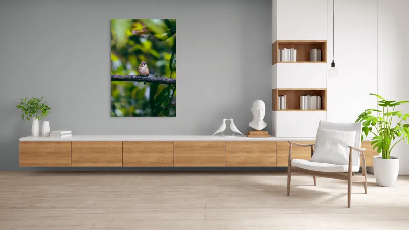 Tablou Canvas, "Pasărea visătoare pe creangă verde", Pasăre, Ramură, Frunze, Verdeață, Lumină, Claritate, Natură, Voinicie, 100 x 150 cm – poza 8