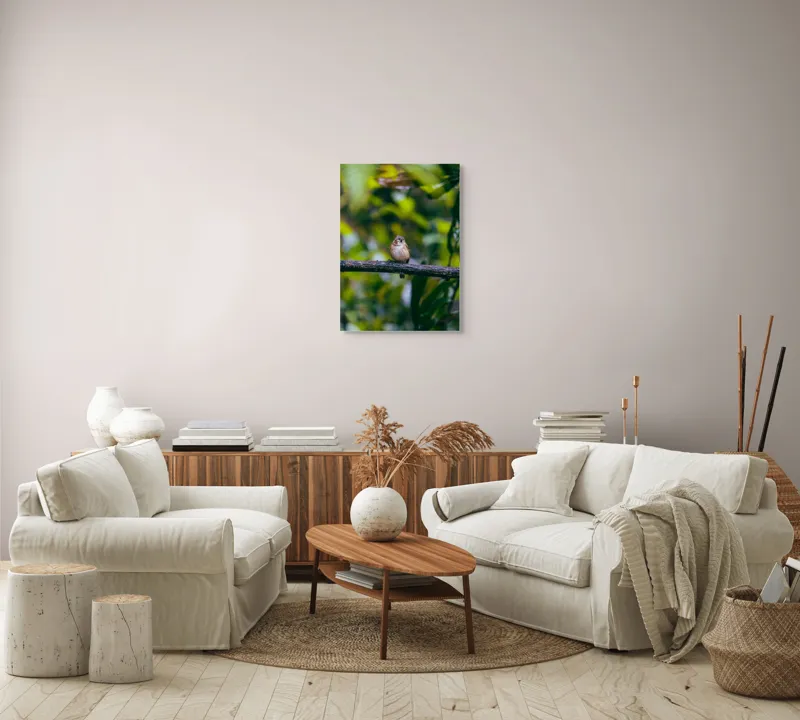 Tablou Canvas, "Pasărea visătoare pe creangă verde", Pasăre, Ramură, Frunze, Verdeață, Lumină, Claritate, Natură, Voinicie, 50 x 70 cm – poza 4