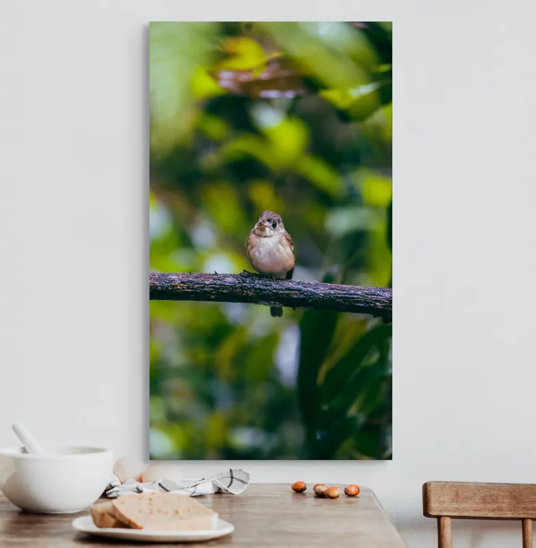 Tablou Canvas, "Pasărea visătoare pe creangă verde", Pasăre, Ramură, Frunze, Verdeață, Lumină, Claritate, Natură, Voinicie, 50 x 90 cm – poza 3