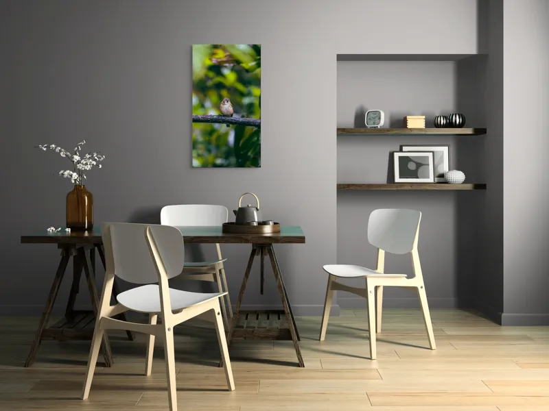 Tablou Canvas, "Pasărea visătoare pe creangă verde", Pasăre, Ramură, Frunze, Verdeață, Lumină, Claritate, Natură, Voinicie, 50 x 90 cm – poza 4