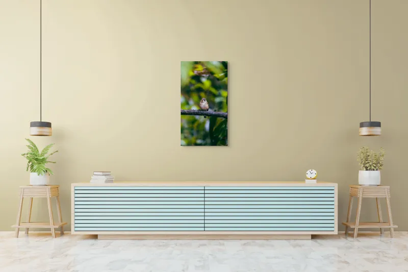 Tablou Canvas, "Pasărea visătoare pe creangă verde", Pasăre, Ramură, Frunze, Verdeață, Lumină, Claritate, Natură, Voinicie, 50 x 90 cm – poza 6