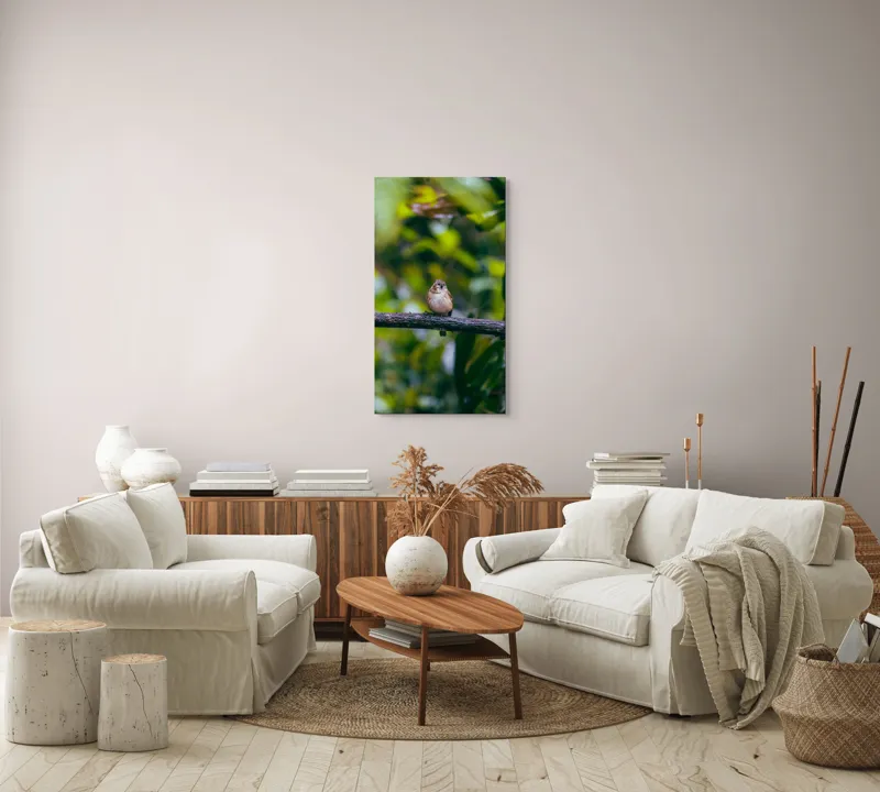 Tablou Canvas, "Pasărea visătoare pe creangă verde", Pasăre, Ramură, Frunze, Verdeață, Lumină, Claritate, Natură, Voinicie, 50 x 90 cm – poza 7