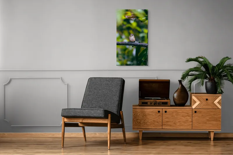Tablou Canvas, "Pasărea visătoare pe creangă verde", Pasăre, Ramură, Frunze, Verdeață, Lumină, Claritate, Natură, Voinicie, 50 x 90 cm – poza 8