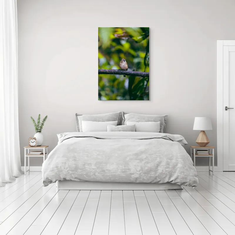 Tablou Canvas, "Pasărea visătoare pe creangă verde", Pasăre, Ramură, Frunze, Verdeață, Lumină, Claritate, Natură, Voinicie, 70 x 100 cm – poza 3