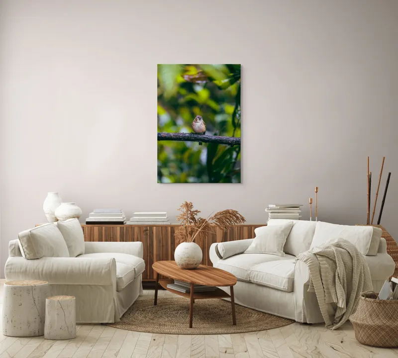 Tablou Canvas, "Pasărea visătoare pe creangă verde", Pasăre, Ramură, Frunze, Verdeață, Lumină, Claritate, Natură, Voinicie, 70 x 100 cm – poza 4