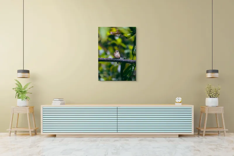 Tablou Canvas, "Pasărea visătoare pe creangă verde", Pasăre, Ramură, Frunze, Verdeață, Lumină, Claritate, Natură, Voinicie, 70 x 100 cm – poza 5