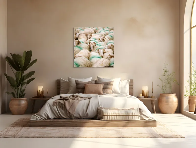 Tablou Canvas, "Turmă de oi în mișcare", Oi, Lână, Mulțime, Îngrămădite, Verzi, Vopsit, Cornute, Păr, Pufoase, Grijulii, 100 x 100 cm – poza 4