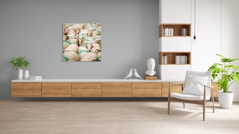 Tablou Canvas, "Turmă de oi în mișcare", Oi, Lână, Mulțime, Îngrămădite, Verzi, Vopsit, Cornute, Păr, Pufoase, Grijulii, 100 x 100 cm – poza 8