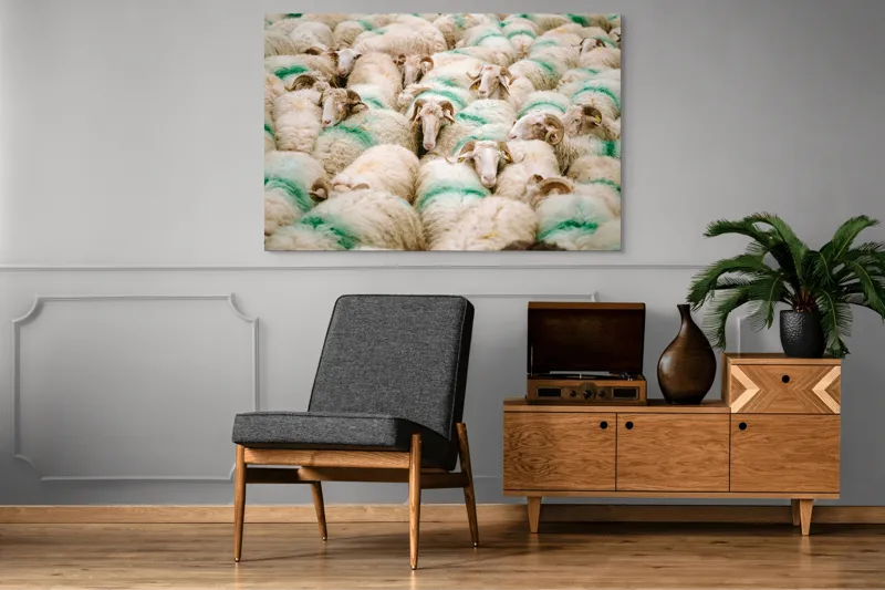 Tablou Canvas, "Turmă de oi în mișcare", Oi, Lână, Mulțime, Îngrămădite, Verzi, Vopsit, Cornute, Păr, Pufoase, Grijulii, 150 x 100 cm – poza 8