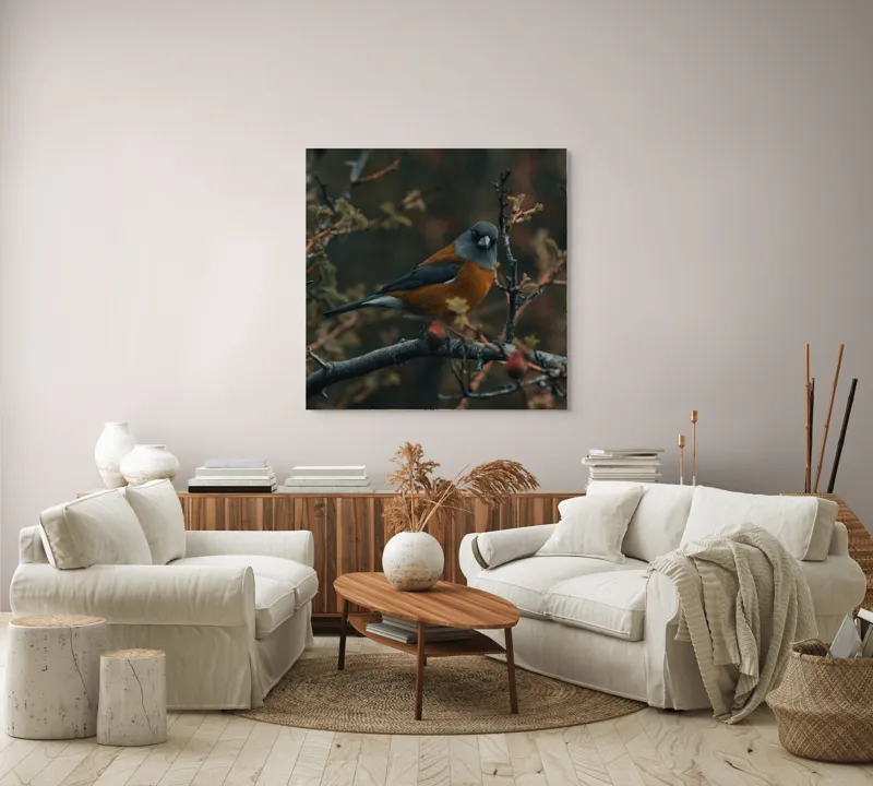 Tablou Canvas, "Cântecul păsării printre ramuri", Pene, Ramură, Frunze, Ochi, Cioc, Contrast, Natură, Calm, Mister, Frumusețe, Echilibru, Subtilitate, 100 x 100 cm – poza 3