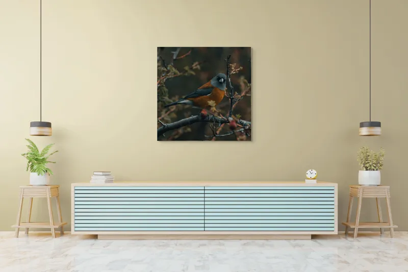 Tablou Canvas, "Cântecul păsării printre ramuri", Pene, Ramură, Frunze, Ochi, Cioc, Contrast, Natură, Calm, Mister, Frumusețe, Echilibru, Subtilitate, 100 x 100 cm – poza 5