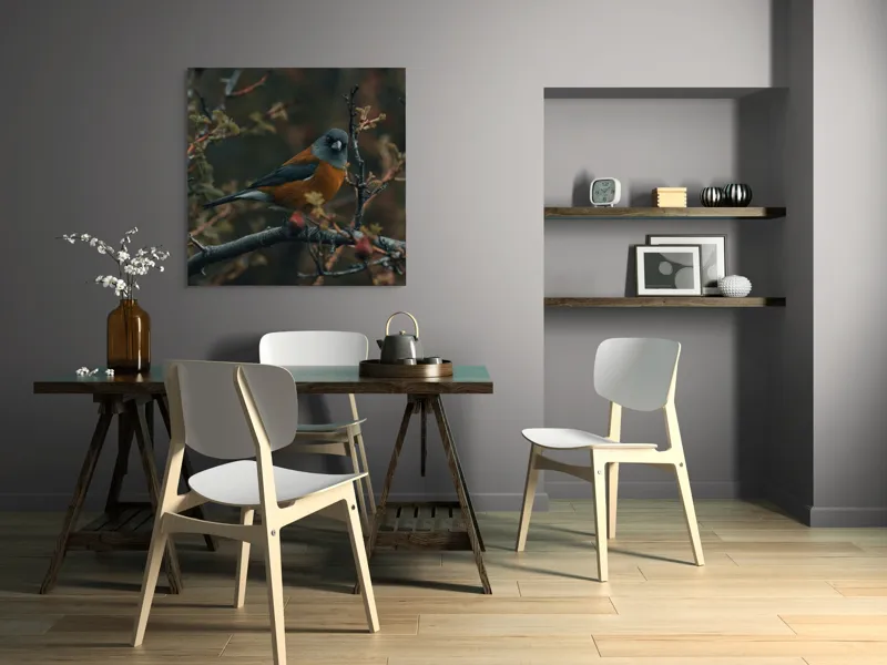 Tablou Canvas, "Cântecul păsării printre ramuri", Pene, Ramură, Frunze, Ochi, Cioc, Contrast, Natură, Calm, Mister, Frumusețe, Echilibru, Subtilitate, 100 x 100 cm – poza 6