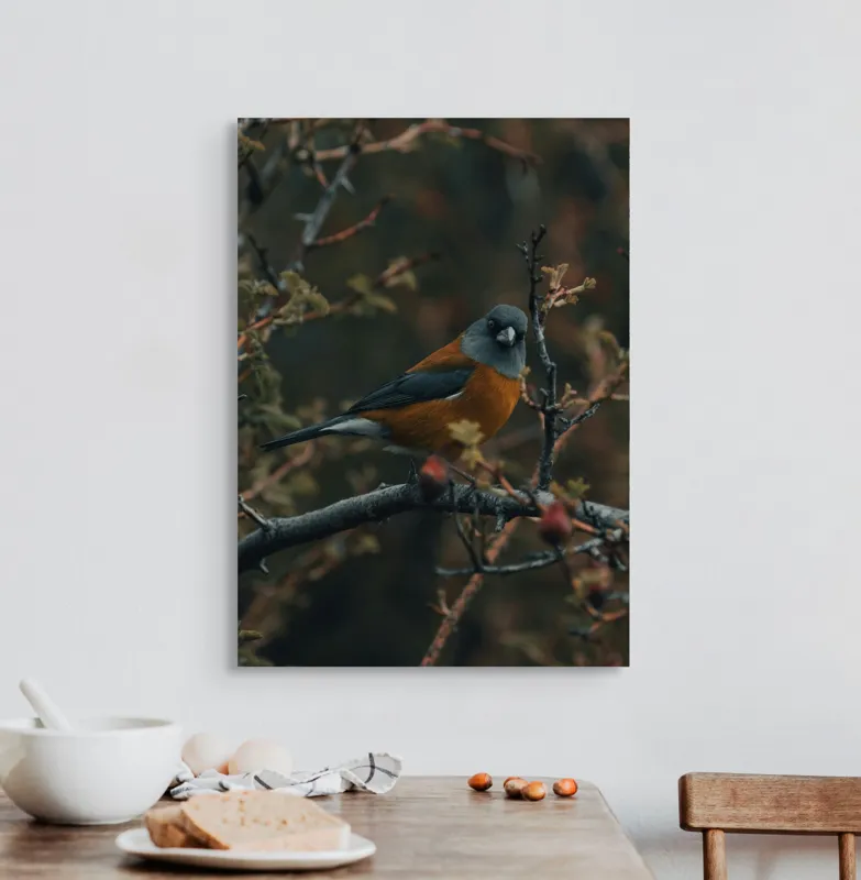 Tablou Canvas, "Cântecul păsării printre ramuri", Pene, Ramură, Frunze, Ochi, Cioc, Contrast, Natură, Calm, Mister, Frumusețe, Echilibru, Subtilitate, 50 x 70 cm – poza 3
