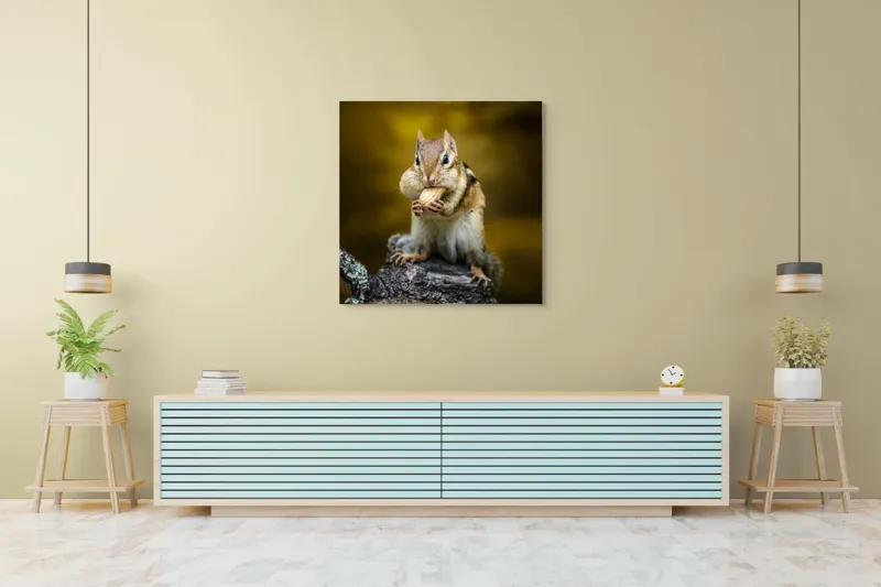 Tablou Canvas, "Veveriță pofticioasă pe buturugă aurie", Chipmunk, Alune, Copac, Natură, Blană, Ochii, Picioare, Fundal, Galben, Poză, Lemn, Bot, Față, 100 x 100 cm – poza 5