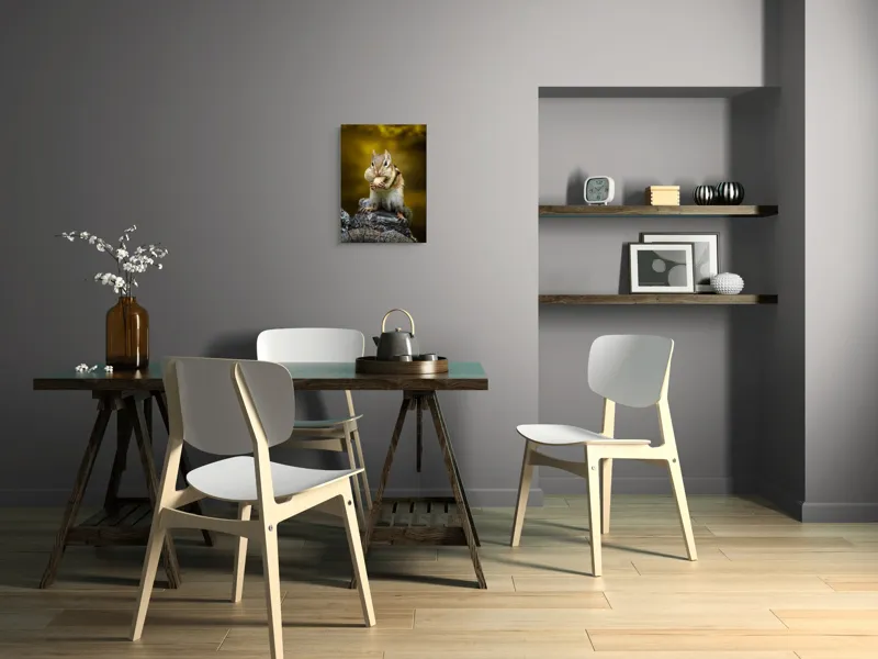 Tablou Canvas, "Veveriță pofticioasă pe buturugă aurie", Chipmunk, Alune, Copac, Natură, Blană, Ochii, Picioare, Fundal, Galben, Poză, Lemn, Bot, Față, 39 x 54 cm – poza 7