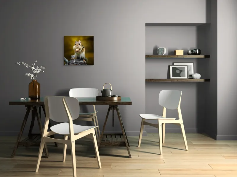 Tablou Canvas, "Veveriță pofticioasă pe buturugă aurie", Chipmunk, Alune, Copac, Natură, Blană, Ochii, Picioare, Fundal, Galben, Poză, Lemn, Bot, Față, 50 x 50 cm – poza 8