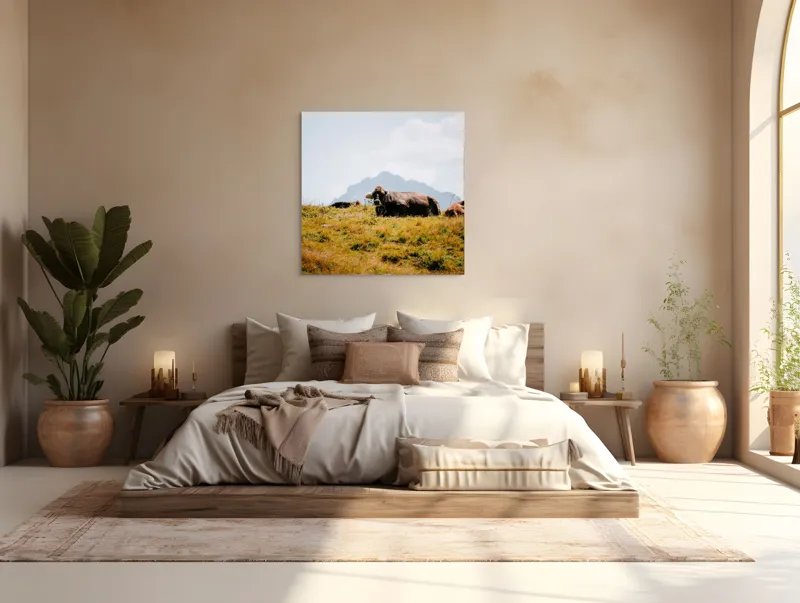 Tablou Canvas, "Bivolii odihnindu-se pe deal însorit", Peisaj, Munți, Iarbă, Vaci, Cer, Nori, Natură, Relaxare, 100 x 100 cm – poza 4