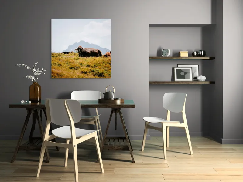 Tablou Canvas, "Bivolii odihnindu-se pe deal însorit", Peisaj, Munți, Iarbă, Vaci, Cer, Nori, Natură, Relaxare, 100 x 100 cm – poza 6