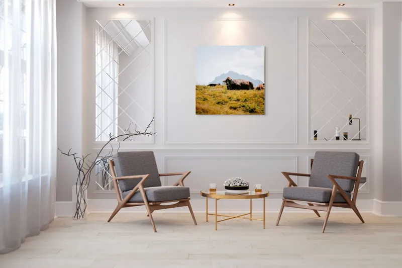 Tablou Canvas, "Bivolii odihnindu-se pe deal însorit", Peisaj, Munți, Iarbă, Vaci, Cer, Nori, Natură, Relaxare, 100 x 100 cm – poza 7