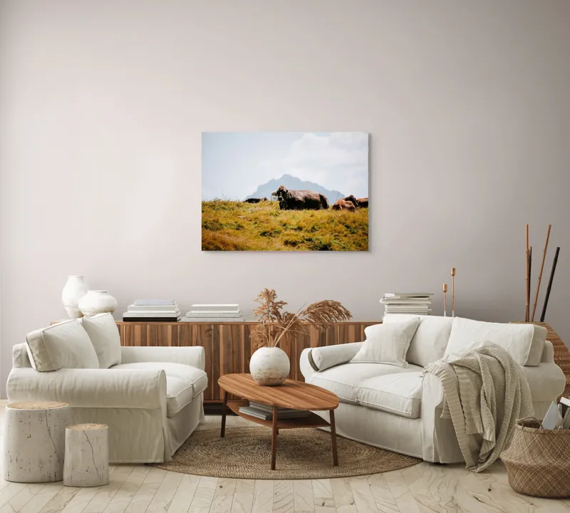 Tablou Canvas, "Bivolii odihnindu-se pe deal însorit", Peisaj, Munți, Iarbă, Vaci, Cer, Nori, Natură, Relaxare, 100 x 70 cm – poza 3