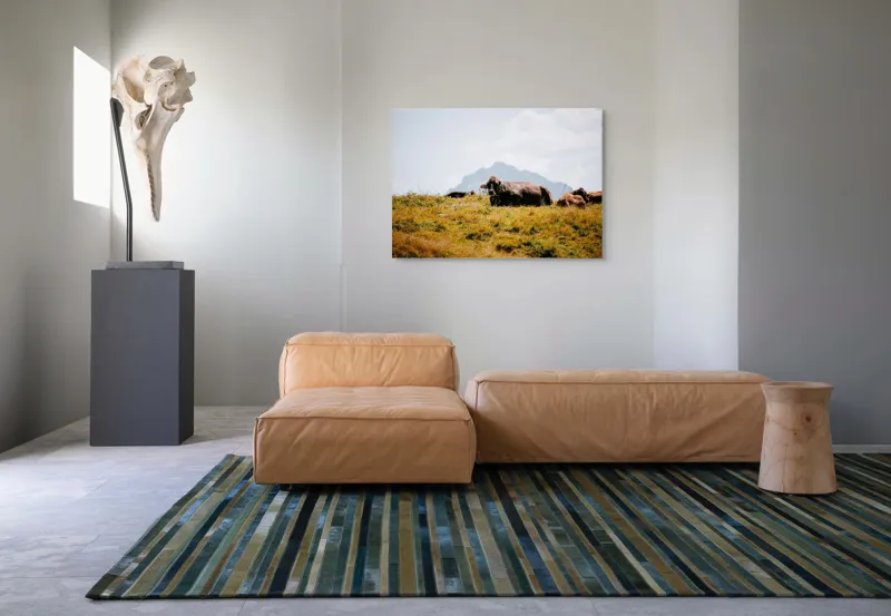 Tablou Canvas, "Bivolii odihnindu-se pe deal însorit", Peisaj, Munți, Iarbă, Vaci, Cer, Nori, Natură, Relaxare, 100 x 70 cm – poza 7
