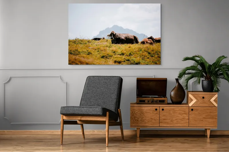 Tablou Canvas, "Bivolii odihnindu-se pe deal însorit", Peisaj, Munți, Iarbă, Vaci, Cer, Nori, Natură, Relaxare, 150 x 100 cm – poza 8