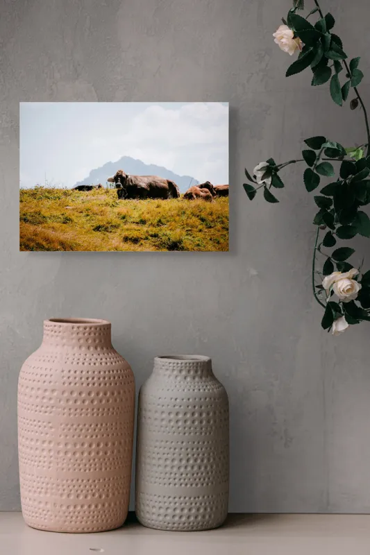 Tablou Canvas, "Bivolii odihnindu-se pe deal însorit", Peisaj, Munți, Iarbă, Vaci, Cer, Nori, Natură, Relaxare, 54 x 39 cm – poza 8