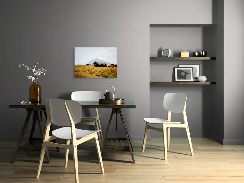 Tablou Canvas, "Bivolii odihnindu-se pe deal însorit", Peisaj, Munți, Iarbă, Vaci, Cer, Nori, Natură, Relaxare, 70 x 50 cm – poza 5