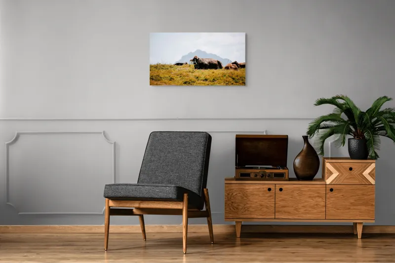 Tablou Canvas, "Bivolii odihnindu-se pe deal însorit", Peisaj, Munți, Iarbă, Vaci, Cer, Nori, Natură, Relaxare, 90 x 50 cm – poza 6