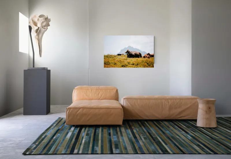Tablou Canvas, "Bivolii odihnindu-se pe deal însorit", Peisaj, Munți, Iarbă, Vaci, Cer, Nori, Natură, Relaxare, 90 x 50 cm – poza 8