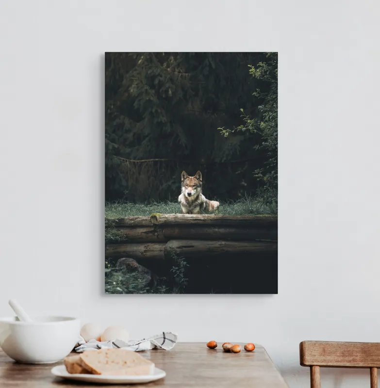 Tablou Canvas, "Lupul în așteptarea serii întunecate", Lup, Pădure, Liniște, Natură, Majestuos, Verde, Contemplare, Solitudine, 50 x 70 cm – poza 3