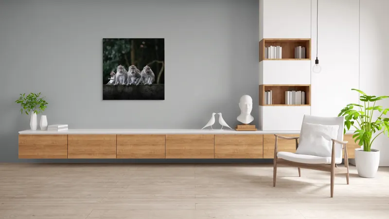 Tablou Canvas, "Grup de maimuțe pe zid verde", Scenă, Maimuțe, Grup, Natură, Copaci, Fundal, Zid, Trooping, 100 x 100 cm – poza 8