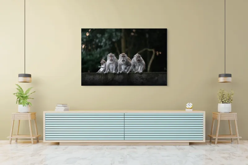 Tablou Canvas, "Grup de maimuțe pe zid verde", Scenă, Maimuțe, Grup, Natură, Copaci, Fundal, Zid, Trooping, 150 x 100 cm – poza 6