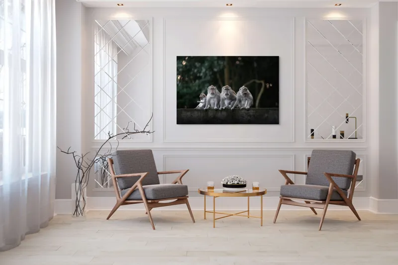 Tablou Canvas, "Grup de maimuțe pe zid verde", Scenă, Maimuțe, Grup, Natură, Copaci, Fundal, Zid, Trooping, 150 x 100 cm – poza 7