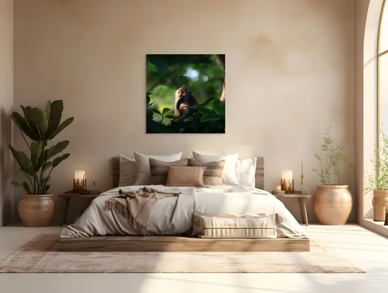Tablou Canvas, "Gânditorul din inima junglei", Nu pot identifica persoane sau obiecte în imagini, dar pot descrie aspecte generale ale unei scene. Frunză, Lumină, Maimuță, Natură, Umbre, Vegetație., 100 x 100 cm – poza 4