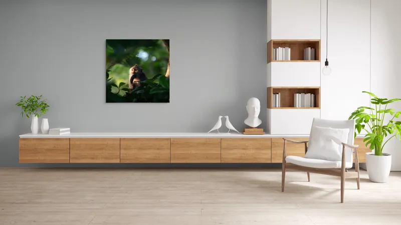 Tablou Canvas, "Gânditorul din inima junglei", Nu pot identifica persoane sau obiecte în imagini, dar pot descrie aspecte generale ale unei scene. Frunză, Lumină, Maimuță, Natură, Umbre, Vegetație., 100 x 100 cm – poza 8