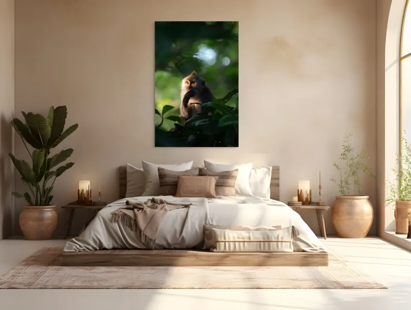 Tablou Canvas, "Gânditorul din inima junglei", Nu pot identifica persoane sau obiecte în imagini, dar pot descrie aspecte generale ale unei scene. Frunză, Lumină, Maimuță, Natură, Umbre, Vegetație., 100 x 150 cm – poza 3